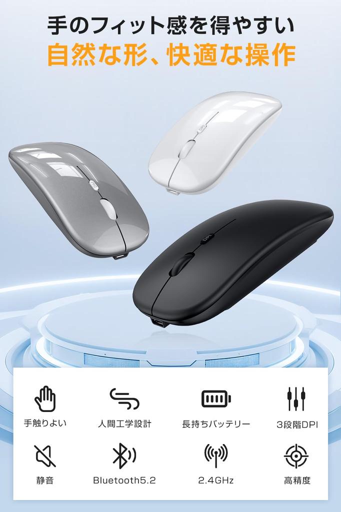Bluetooth Mouse Bluetooth DPI Compatible with and PC [2025 High-Performance Model, 2-Way Connection] Wireless, Quiet, Optical, High-Precision, Type-C,