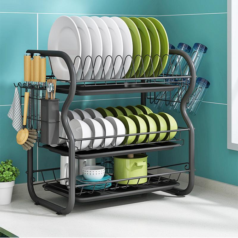 Multi-functional 3-Tier Dish Rack Kitchen Supplies Storage Rack Draining Rack with