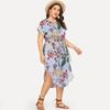 Plus Size Women Summer Striped Print Slim V Neck Short Sleeve High Waist Belt Long Dress L-4XL