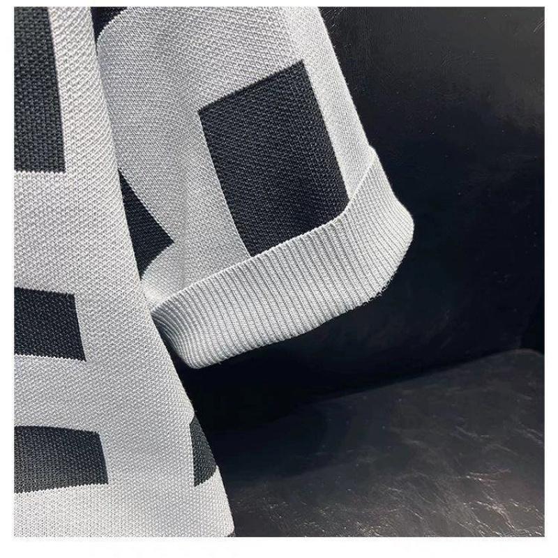 Spring and Autumn Geometric Pattern Base Shirt for Men, Slim Fit Casual Short Sleeve Knit Top