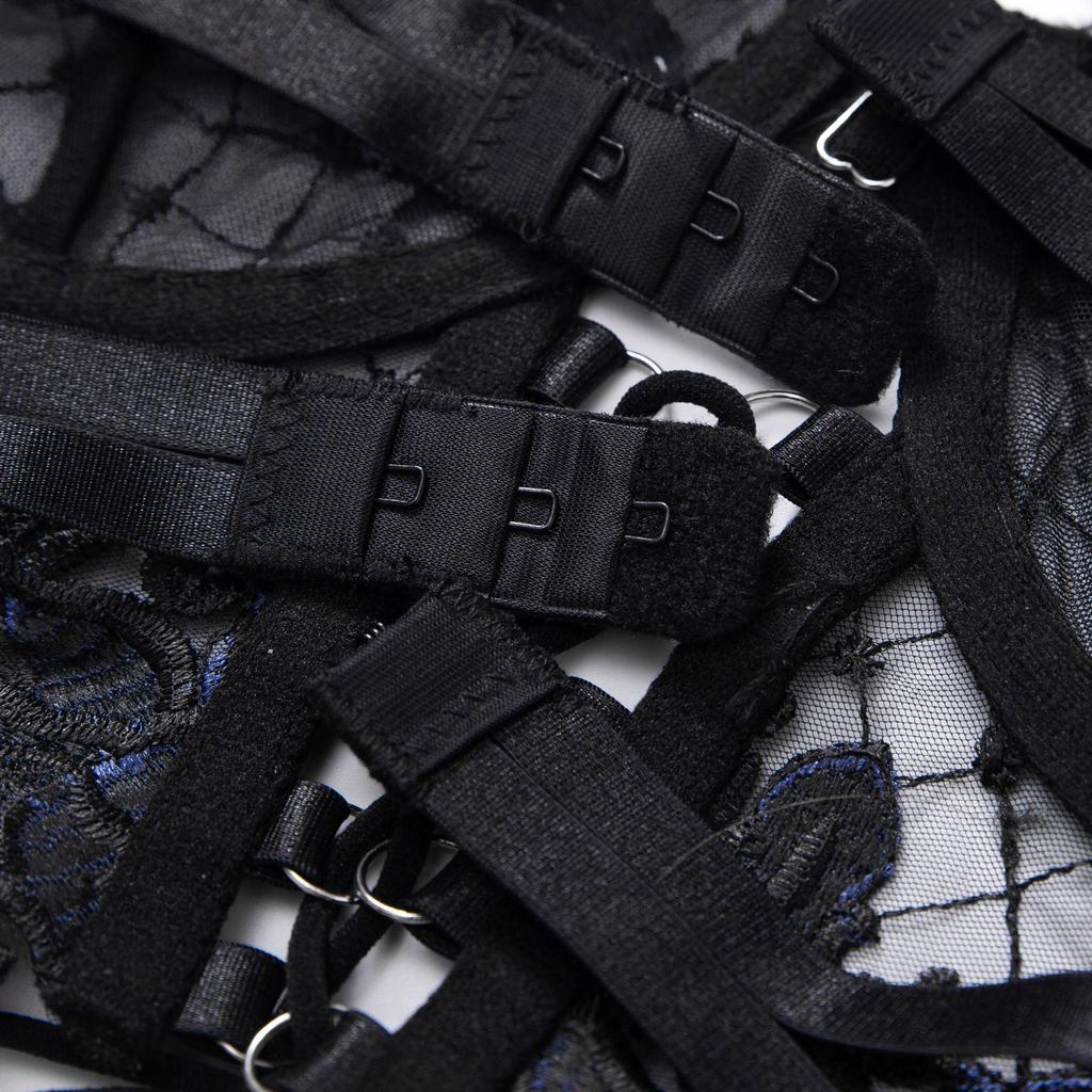 2022 Европейский и американский вышитый сетчатый цветочный комплект нижнего белья пуш-ап с поясом для чулок