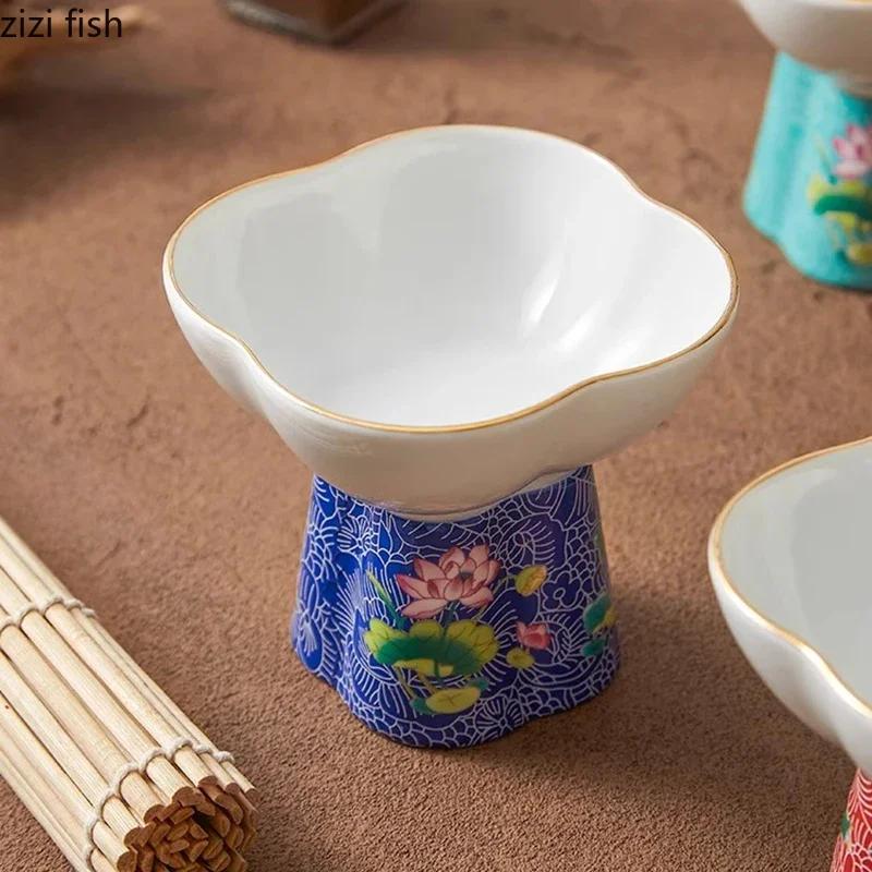 Цветная эмалированная керамическая миска в форме цветка на высокой ножке, миска для дим-самов, десертная миска, миски для суши, креативная посуда для молекулярной кухни