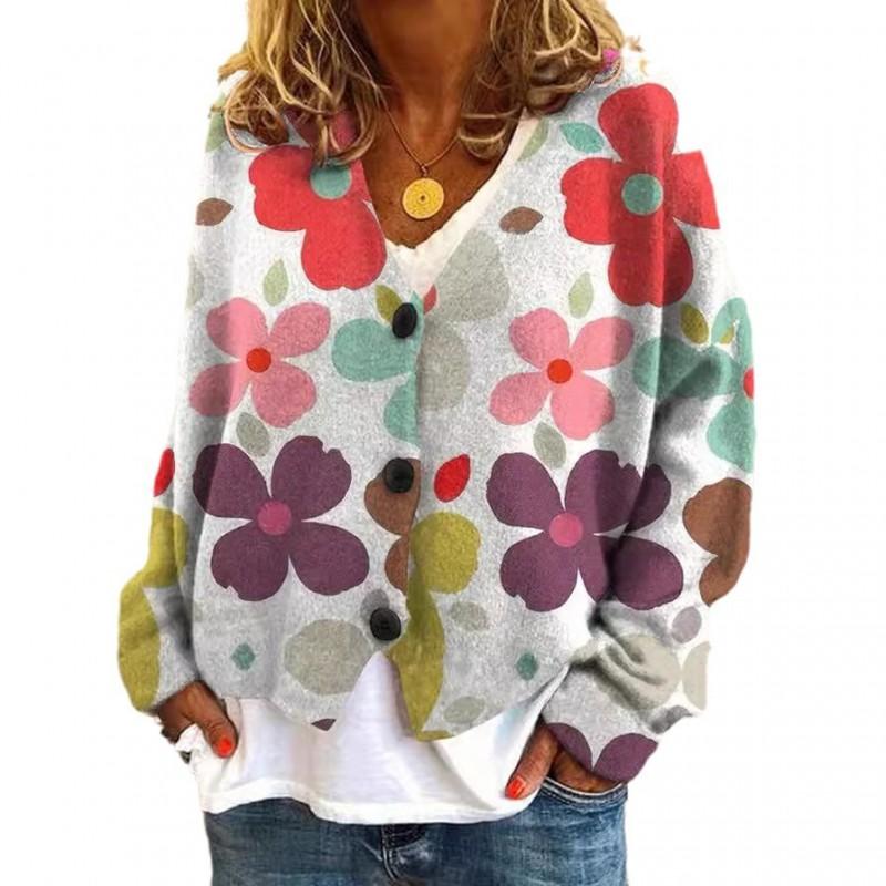 Womens Soft Knit Cardigan With 3D Digital Print Loose Fit Long Sleeve Open Front Sweater Casual Style