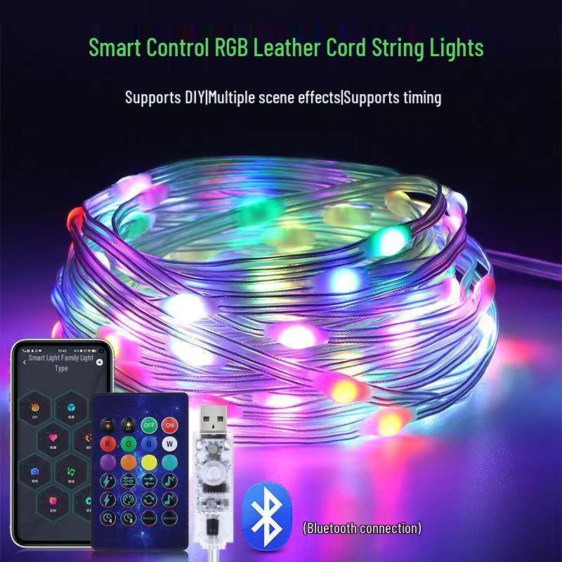 Bluetooth RGB Светодиодные гирлянды из кожаного шнура с меняющимся цветом для Рождества, улицы и кемпинга