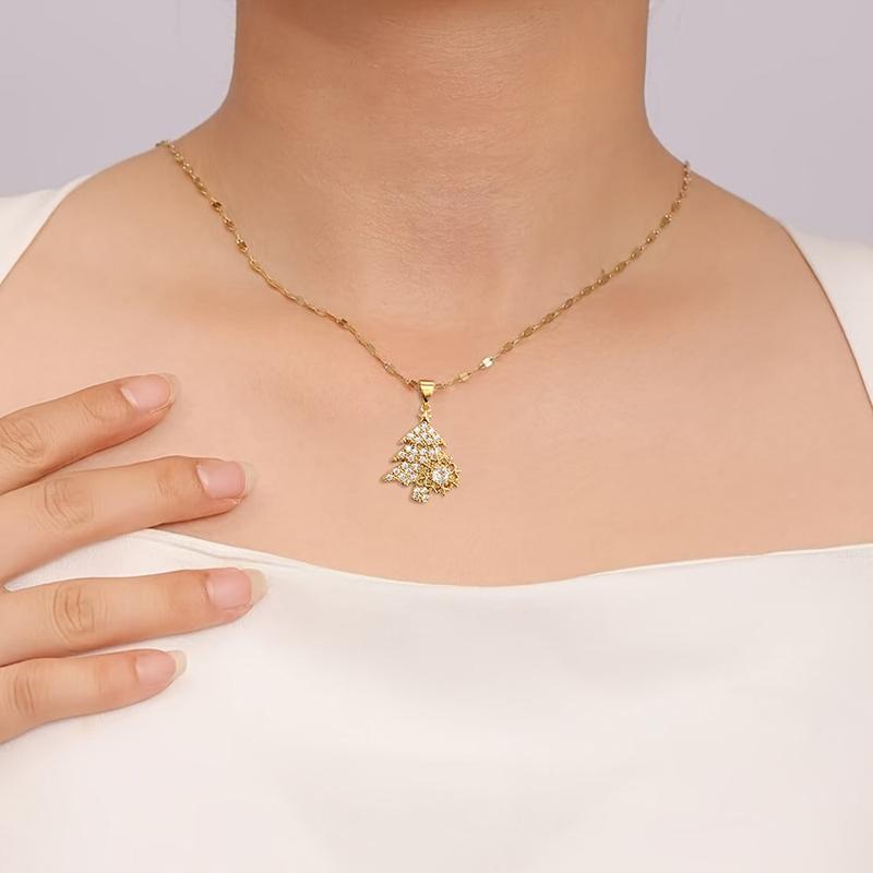 Huitan Sparkling Cubic Zirconia Christmas Tree Snowflake Pendant Necklace for Women Festival Luxury Party Aesthetic Jewelry GiftGood product