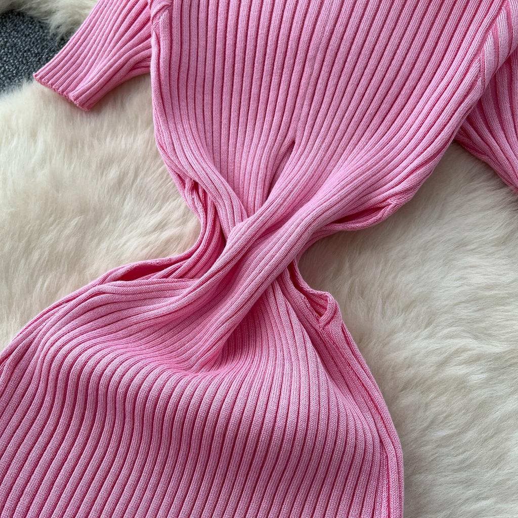 RUGOD сексуальное ажурное трикотажное платье 2025 года, облегающее, с коротким рукавом, с круглым вырезом, французское женское нежное облегающее длинное платье