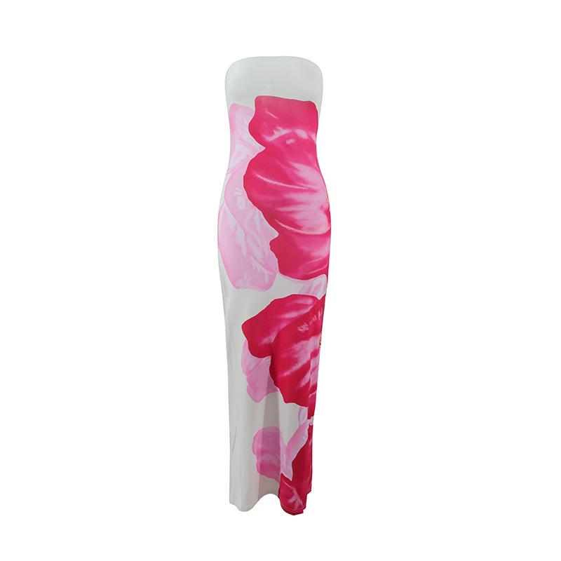 European & American Style Sexy Slim Fit Strapless Printed Long Dress with Side Slit for Women