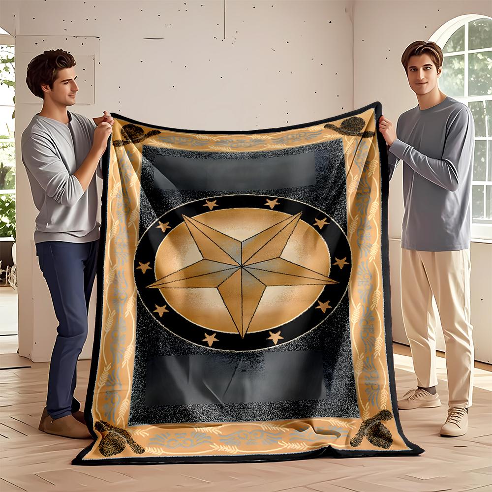 Golden Star Pattern with Decorative Border Blanket, Flannel blanket for bedroom, living room, sofa, and nap sofas.