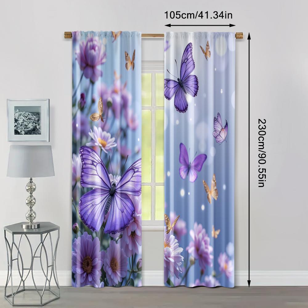 2pc    Window Curtains butterfly pattern Versatile Polyester  Without Electricity Versatile Use for College dormitory decoration