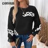 Long Sleeve Pullover Top Autumn Winter Women's Casual Round Neck Towel Embroidery Sweatshirt