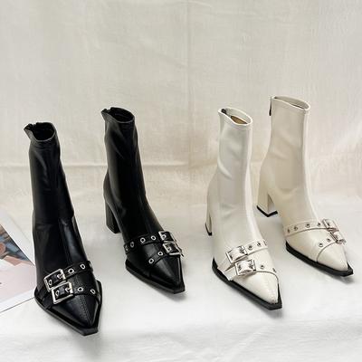 Дизайнерские зимние женские ботильоны с металлическими украшениями, с острым носком, короткие ботильоны для стриптиза, туфли на квадратном каблуке