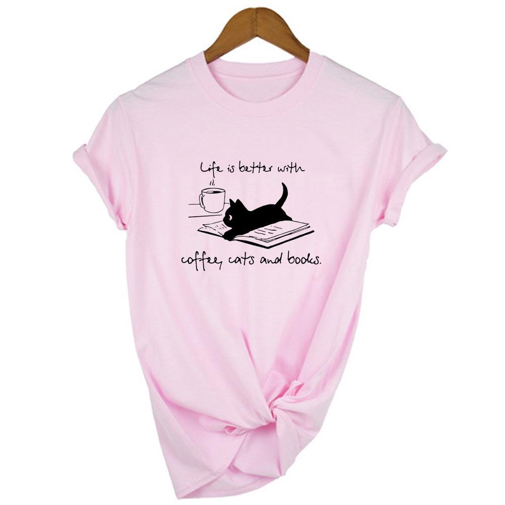Life Is Better With Coffee Cats And Books T Shirt Women Funny Casual Tshirt Summer Style