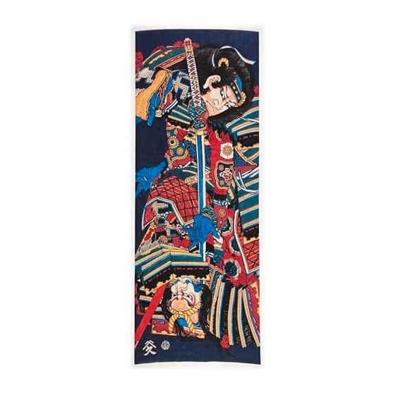 Hokusai Ukiyo-e Tenugui Towel: Watanabe no Tsuna vs. Inokuma Nyudo in Thunderous Clouds - 100% Cotton, Made in Japan