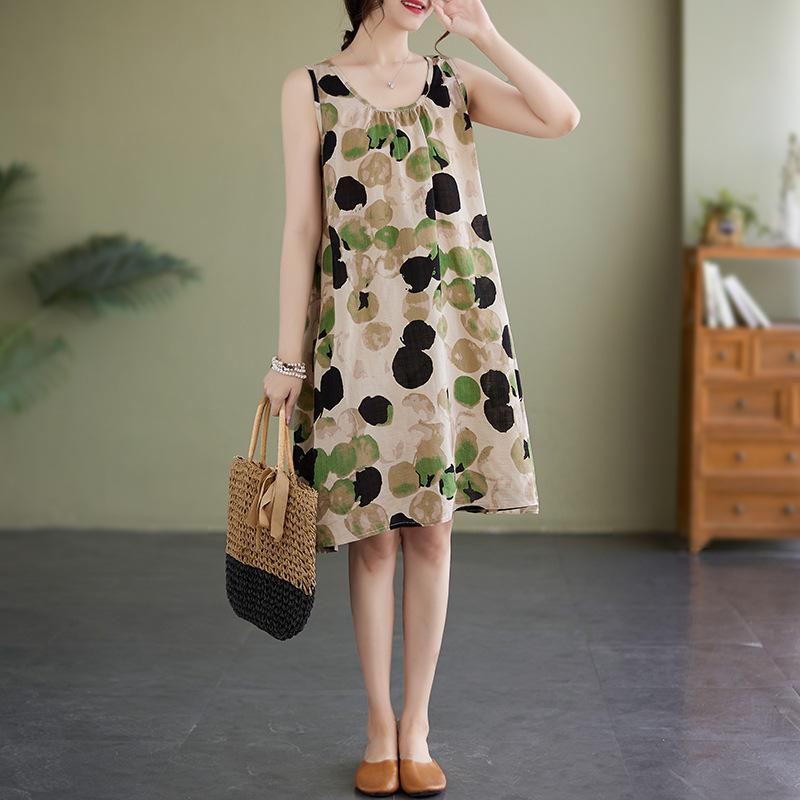 Летнее хлопковое льняное платье большого размера свободного кроя без рукавов с круглым вырезом и принтом на подтяжках А-силуэта для женщин