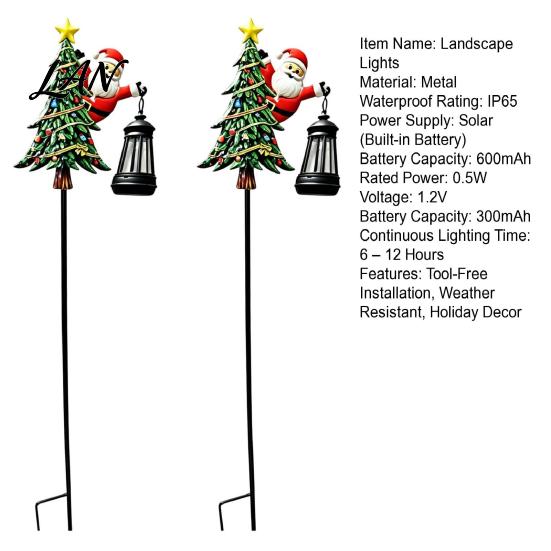 Festive Front Yard Illuminations 2Pcs Solar Santa Garden Stake Lights, Christmas Pathway Lawn Wireless Lights Decor with Metal Lantern, Waterproof