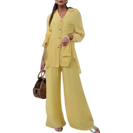 Женский комплект из 2 шт./компл., рубашка, брюки, однотонный, с отложным воротником, с длинным рукавом, средней длины, с широкими штанинами, с эластичной резинкой на талии, свободные брюки, одежда для поездок на работу, блузка