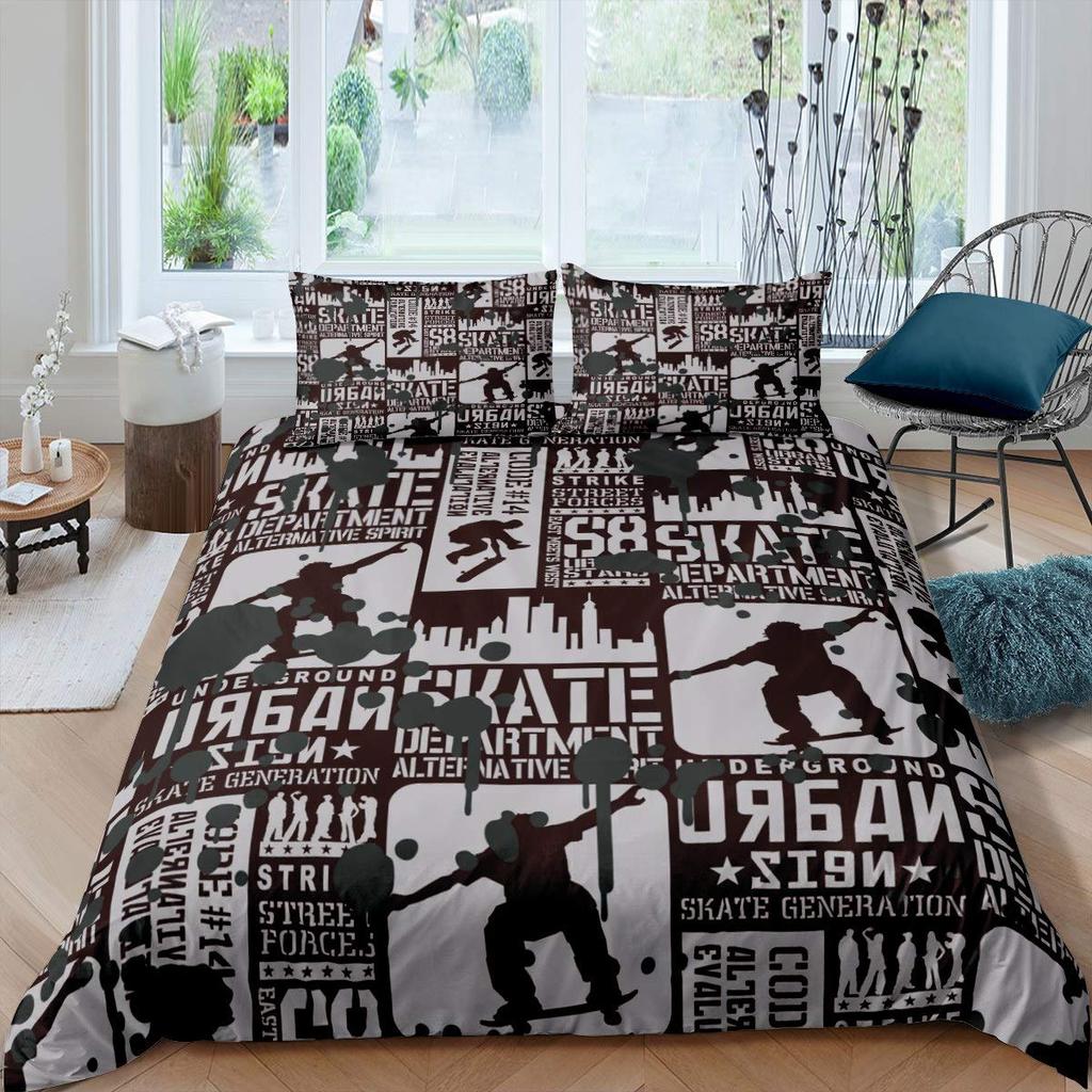 Skateboard Duvet Cover Set Full Size For Boys Teens Extreme Sports Bedding Set Youth Comforter Cover Graffiti Style Duvet Cover