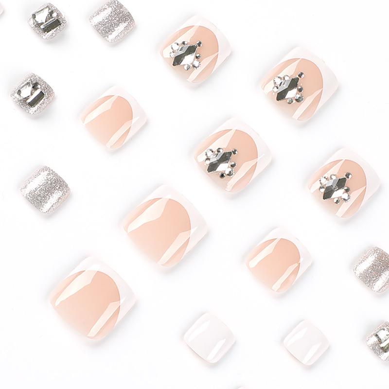 24Pcs/Set Quick Nails Short White Edge French Diamond Toenails False Nials Sticker Wearable Waterproof Manicure Finished Nails
