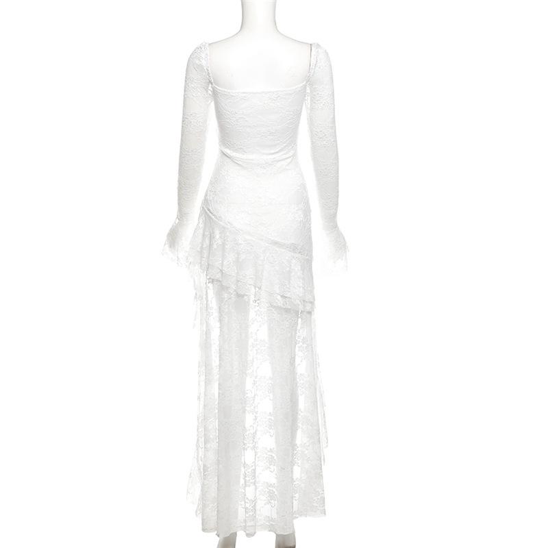 Платье-трапеция в стиле готики Dark Fairycore с кружевом, расклешенными рукавами и квадратным вырезом. Милые платья E-Girl с нестандартным длинным подолом. Вечеринка Cyber Y2K. Платье.