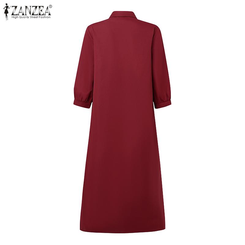 ZANZEA Женское повседневное платье-рубашка с отложным воротником, свободным рукавом 3/4 и однотонным дизайном