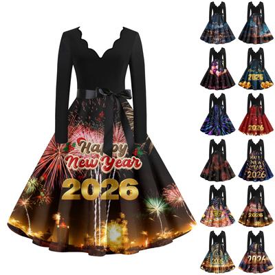 Женское повседневное модное платье винтажного стиля с V-образным вырезом и новогодним принтом