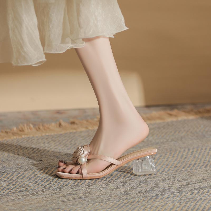 2025 Summer New Square Head Open-toed Middle Heel Fairy Style Temperament with Flower Pearl Crystal and Cool Slippers Woman