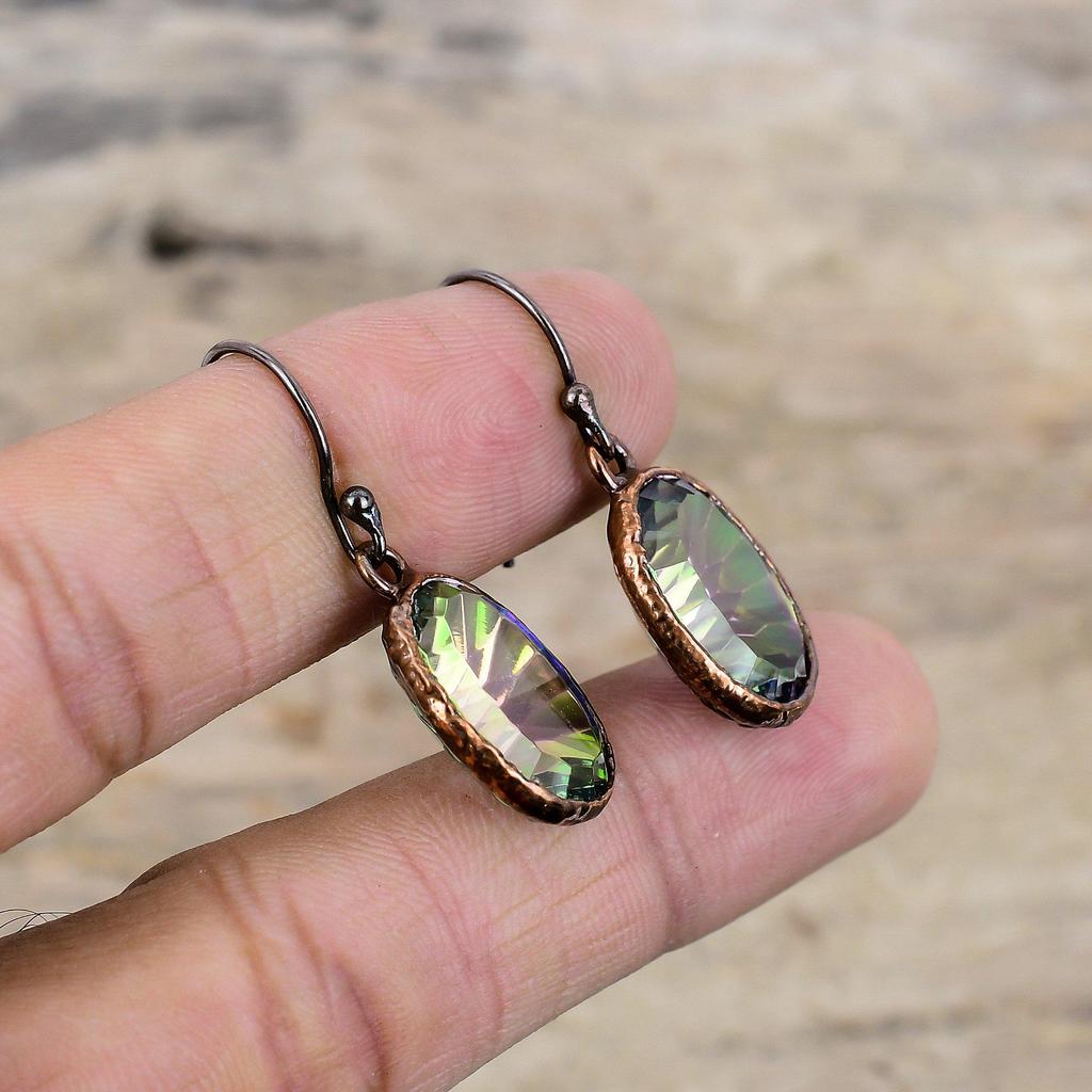 Граненые серьги с радужным мистическим топазом, медные серьги ручной работы, гальванические серьги, ювелирные изделия, подарок для мамы, ювелирные изделия из настоящего драгоценного камня