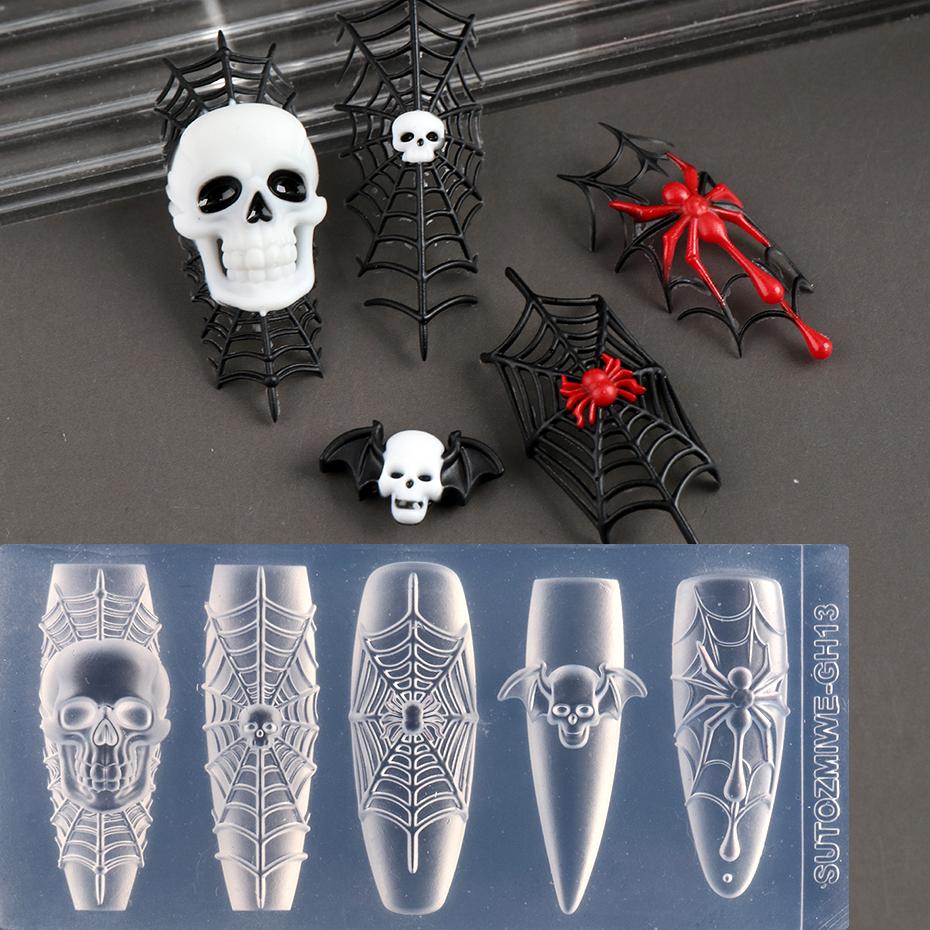Xiaomi 3D Skull Bat Spider Web Nail Silicone Mold Halloween Gothic Nail Art Mould Skeleton Nail Charms Decorations Template Nail Mold