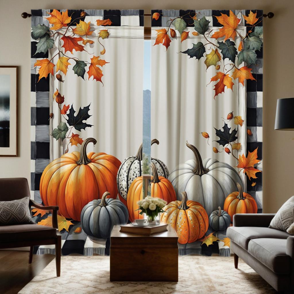 2 шт. цифровая занавеска HD с принтом Желтый галстук Праздник урожая тыква Кленовая лоза Домашний декор в стиле Украсьте гостиную спальню