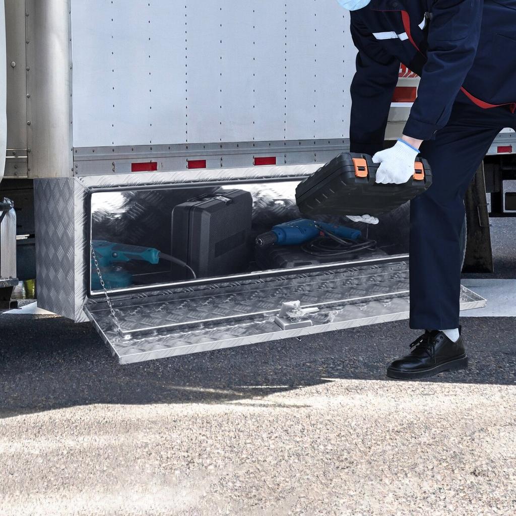Underbody Truck Box, 60"×24"×24" Pickup Storage Box, Heavy Duty Aluminum Diamond Plate Tool Box with Lock and Keys, Waterproof Trailer Storage Box