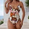 Women Plus Size V Neck Thin Straps One Piece Swimsuit Halloween Ghost Pumpkin Printed White