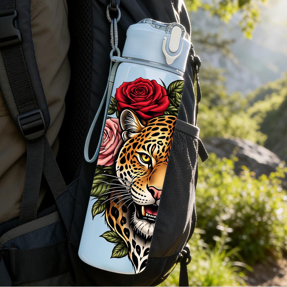 1PC Leopard Tiger Rose Graphic,750ml Color Plastic Sports Water Bottle,Leakproof Flip Straw Lid,Suitable for Sports Office Home Use
