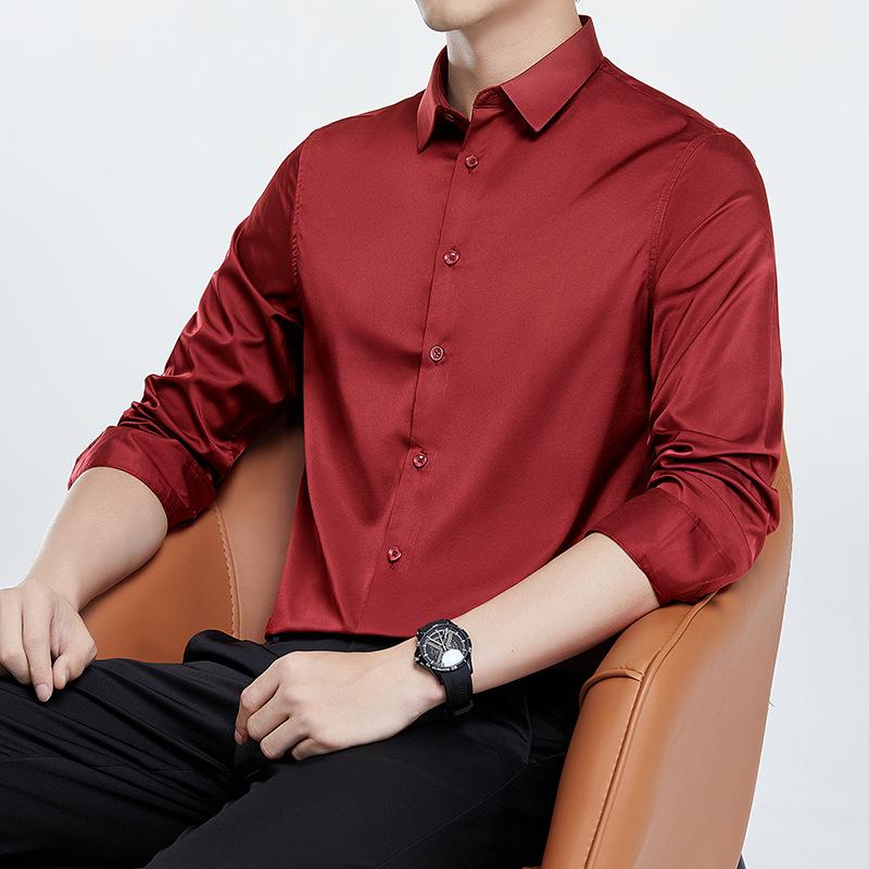 Рубашка из мерсеризованной немаркой мужской с длинным рукавом, не мнется, деловой костюм, свадебная рубашка, однотонная