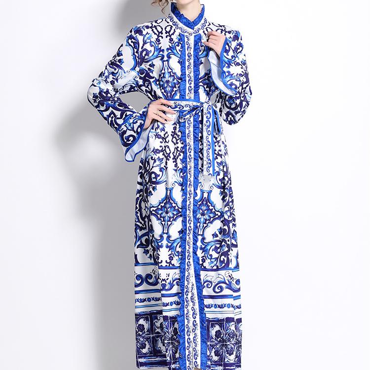 Весна-Осень, взлетно-посадочная полоса, желтый, красный, синий и белый фарфоровый халат с принтом, женские вечерние платья макси с рюшами и длинными расклешенными рукавами на шнуровке с поясом