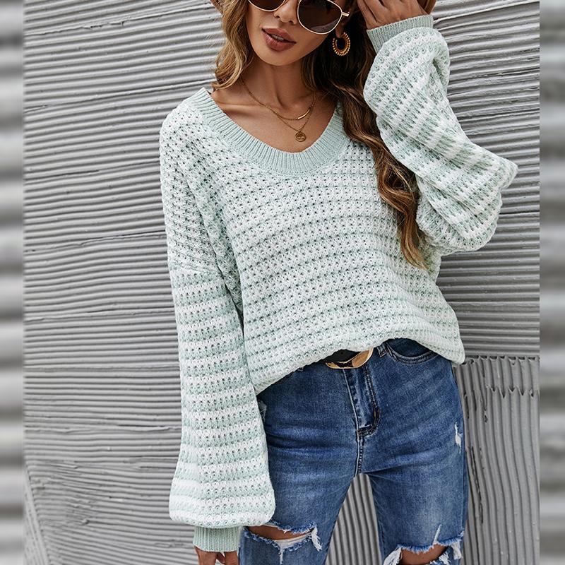 Вязаный повседневный полосатый пуловер с v-образным вырезом, женский свитер