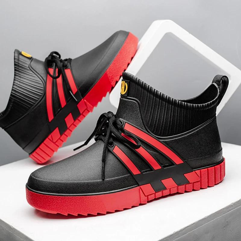 Водонепроницаемые резиновые сапоги для мужчин, повседневные туфли на плоской подошве, резиновые туфли до щиколотки, рабочие защитные галоши, резиновые сапоги для рыбалки, кухонная обувь