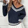 Женская мода повседневная осень-зима полосатый принт длинный рукав V-образный вырез свитера