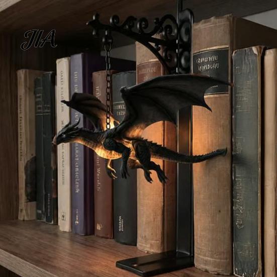 Fantasy Theme Gift Magical Flying Dragon Bookshelf Lamp, Warm Hanging Night Light, Resin Figurine Reading Nook Decor, Unique for Lovers Book