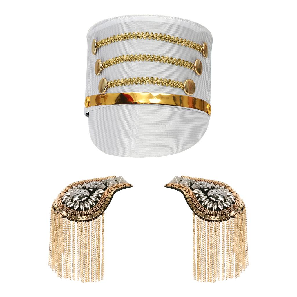 Kids Majorette Costume Accessory Set Vintage Hat with Tassel Epaulet Shoulder Boards for Halloween Cosplay