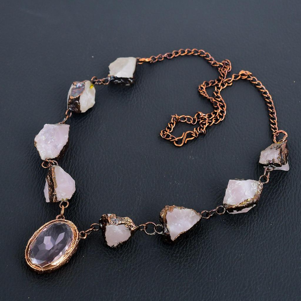 Ожерелье из розового кварца, ювелирное изделие из драгоценного камня, медное гальванопластическое ожерелье с регулируемой цепочкой, подарок для женщин, ожерелье ручной работы