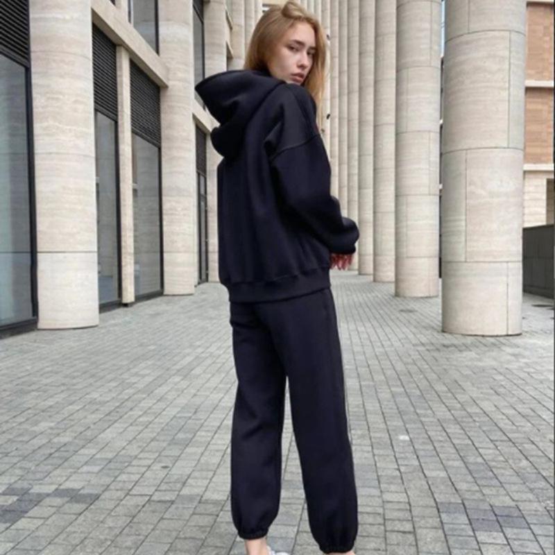 Флисовые спортивные костюмы с капюшоном, женские теплые топы с капюшоном и длинными рукавами, брюки с эластичной резинкой на талии, женские комплекты из двух предметов, женские наряды