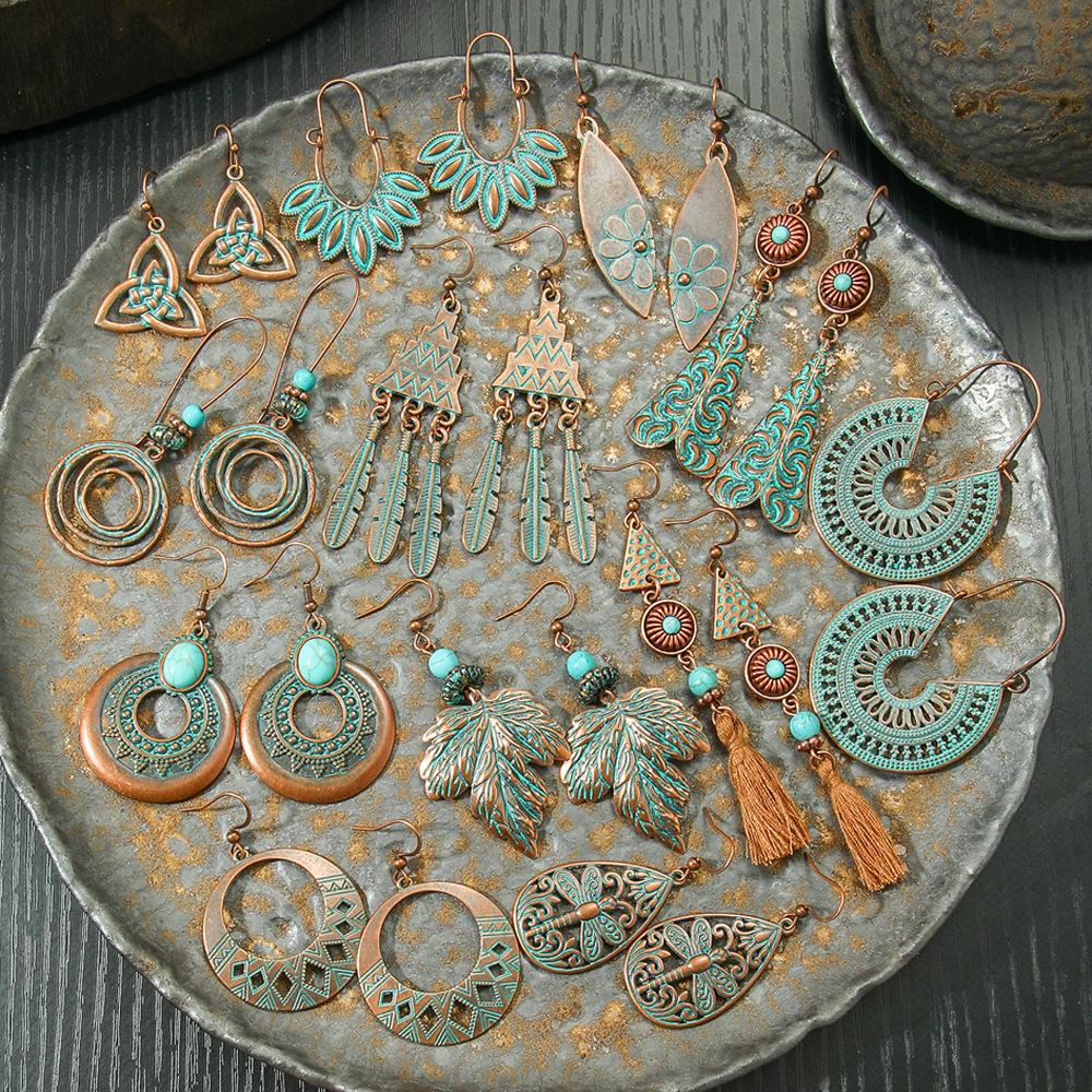 Bohemian Style Retro Earrings with Metal Geometric Hollow Out Ethnic Style Earrings