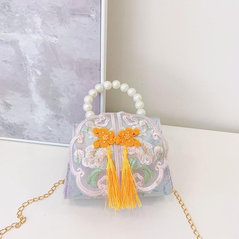 Lovely Geometric Patterned Shoulder Bag For Kids Featuring Chic Tassels And Elegant Pearls