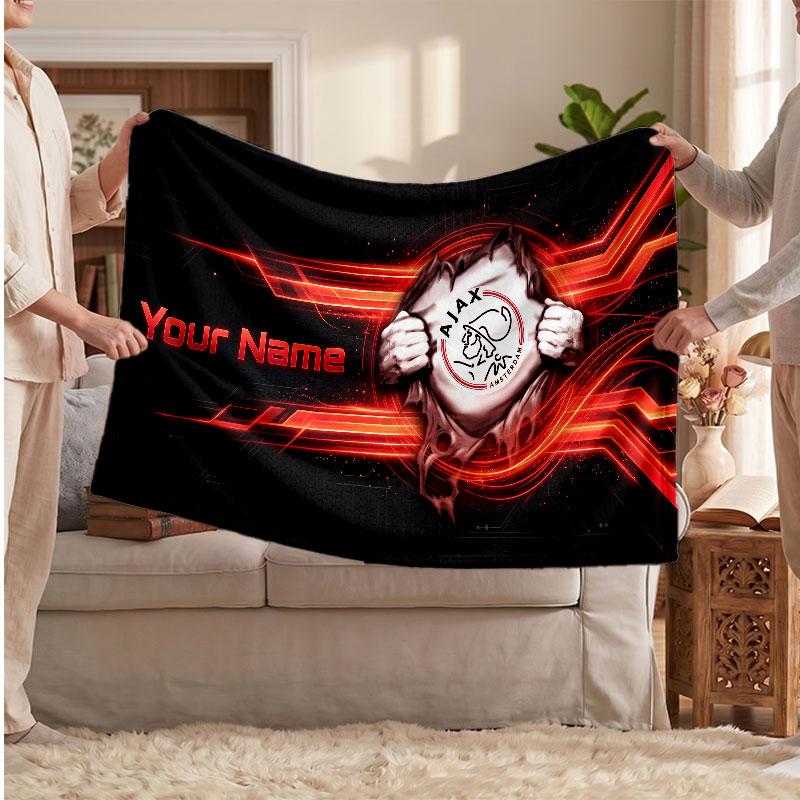 Ajax Amsterdam Personalized Fleece Blanket With Football Logo, Custom Name Text Soft Warm Home Throw Blanket