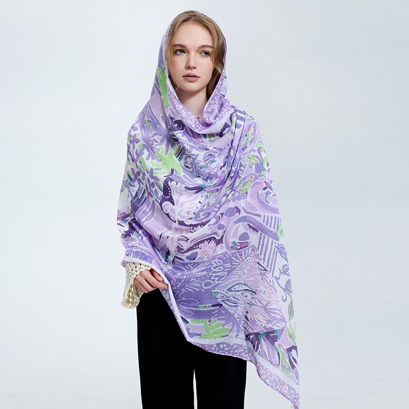 Summer Lady Fashion Printed Long Scarf Loose Colorful Beach Shawls Outdoor Travel Sun Protection Satin Silk Scarf