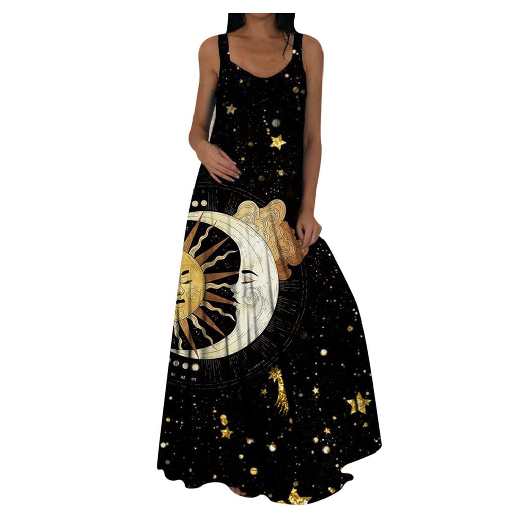 Женское повседневное платье макси с принтом, V-образным вырезом, без рукавов, платье-комбинация с карманами