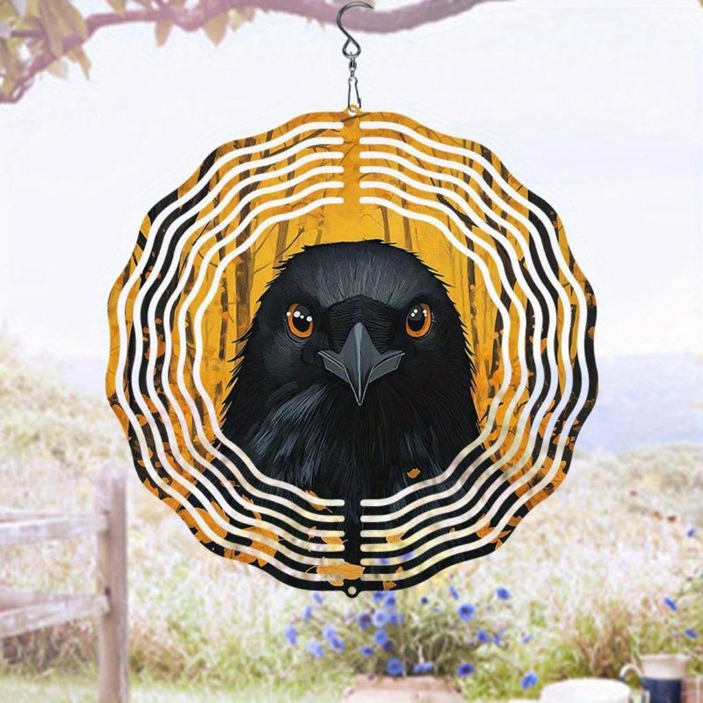 Metal Wind Chime with Crow and Autumn Leaves Design 360 Degree Spinning Hook Durable Outdoor Decor for Garden Patio Yard Indoor Hanging