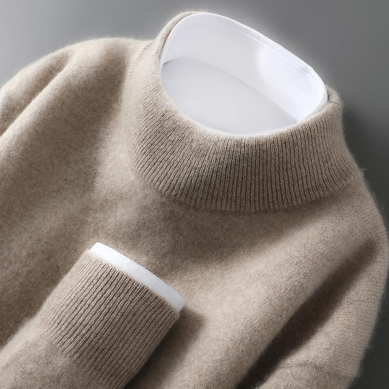 Мужской свитер из 100% чистой шерсти: Вязаный пуловер с полувысоким воротником, повседневный свободный свитер из кашемира, базовый слой одежды.