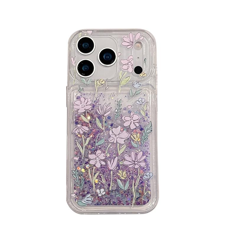 Чехол с цветами, блестками и переливающимся песком для iPhone 15 16 17 Pro Max, Светящийся фиолетовый, с движущимся песком, Глянцевый, Жидкий, Чехол для телефона, Fundas