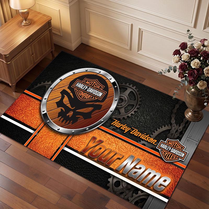 Harley-Davidson Personalized Crystal Velvet Carpet, Customized Name Text Soft Anti‑Slip Rug for Living Room Bedroom
